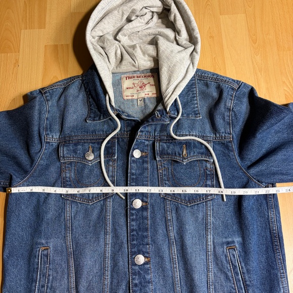True Religion Men’s Blue Denim Trucker Hoodie Jacket Large - Picture 10 of 11